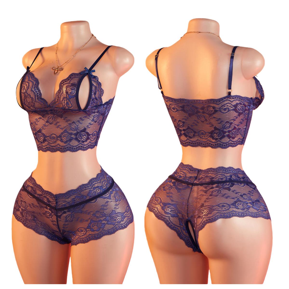 Lace Bralette Set - Women's open Bra Briefs Set Sexy